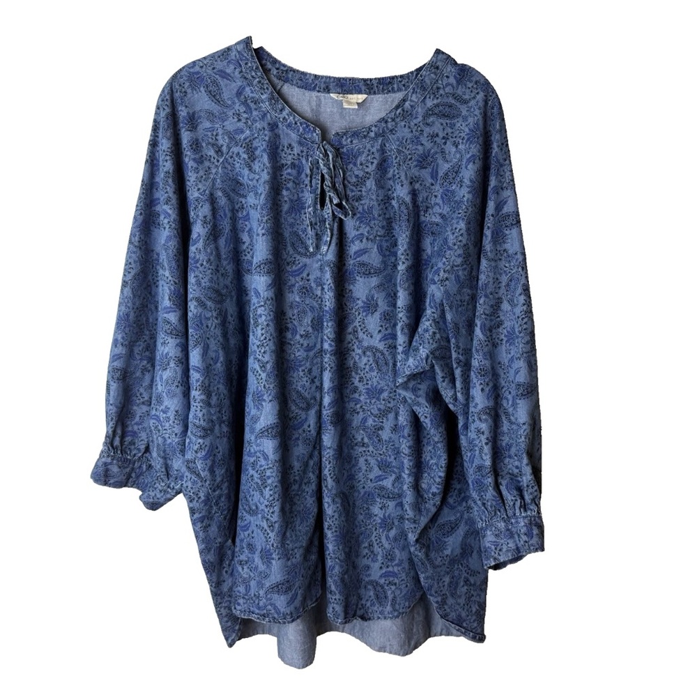 CATO Blouse Plus Size 18W 20W Top 3/4 Sleeves Tie Neck Blue Paisley Floral